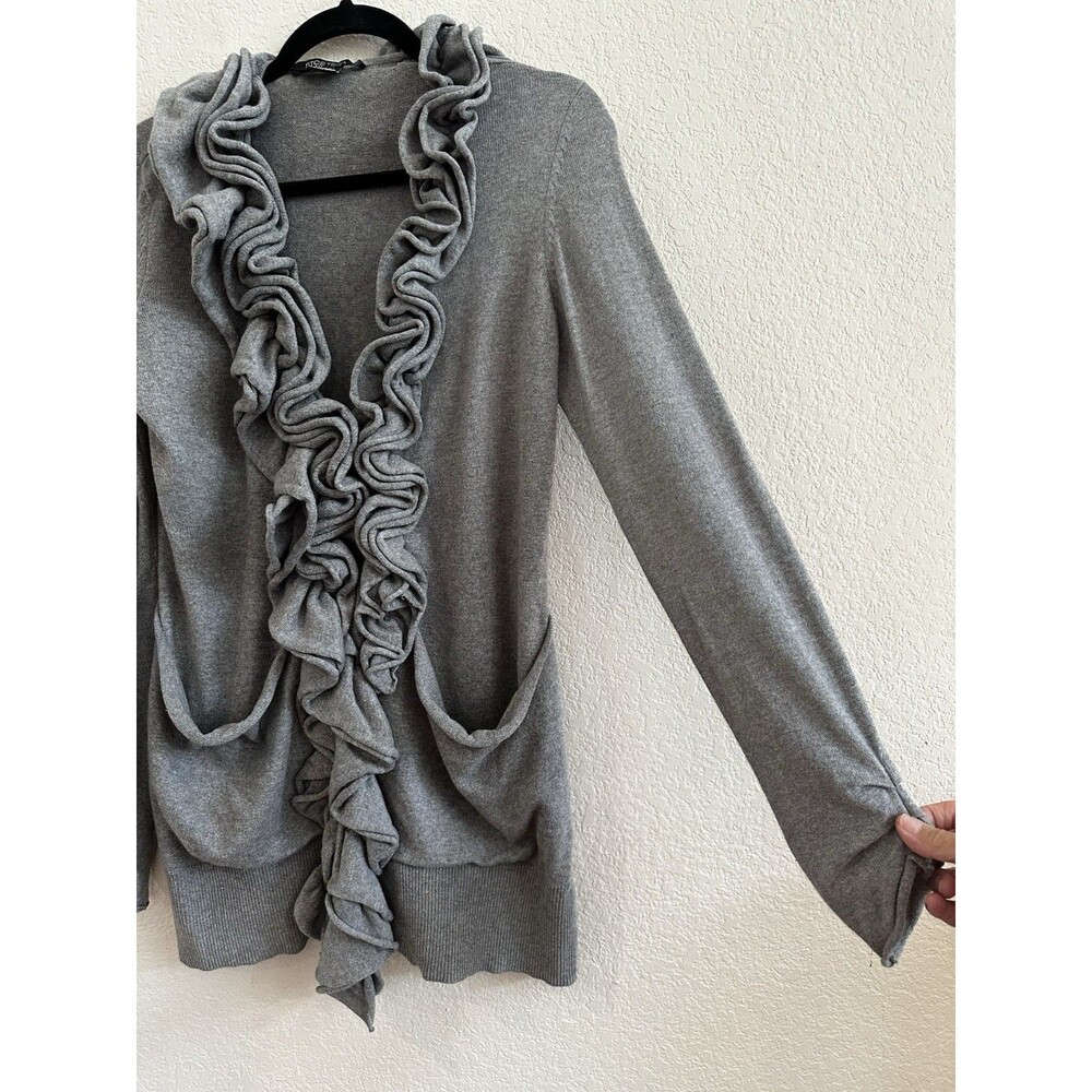 Etcetera Gray Cotton Cashmere Ruffled 2 Pockets Cardigan Sweater Size M - Picture 3 of 14